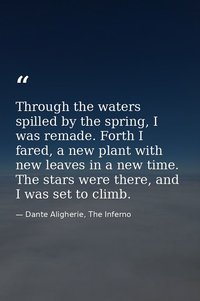 Through the waters spilled by the spring, I was remade. Forth I fared, a new plant with new leaves in a new time. The st — Dante Aligherie, The Inferno