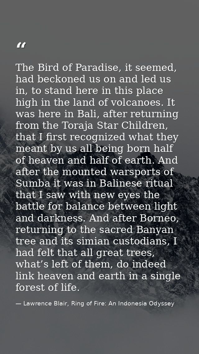 The Bird of Paradise, it seemed, had beckoned us on and led us in, to stand here in this place high in the land of volca — Lawrence Blair, Ring of Fire: An Indonesia Odyssey