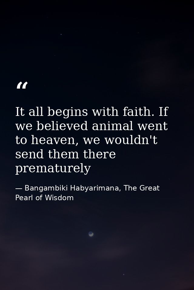 It all begins with faith. If we believed animal went to heaven, we wouldn't send them there prematurely — Bangambiki Habyarimana, The Great Pearl of Wisdom