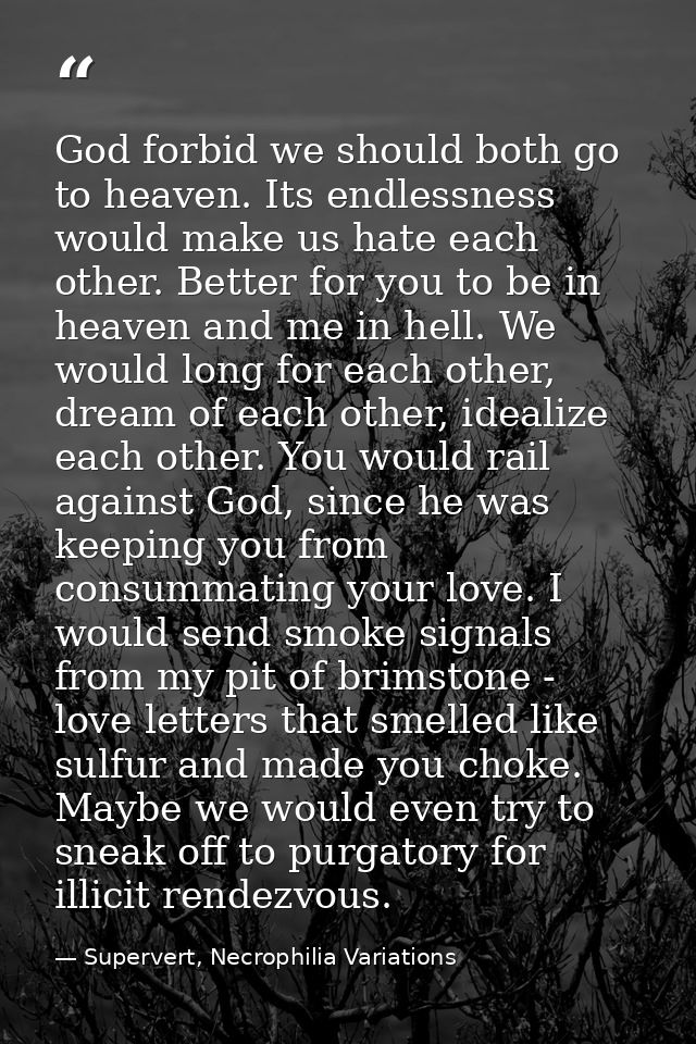God forbid we should both go to heaven. Its endlessness would make us hate each other. Better for you to be in heaven an — Supervert, Necrophilia Variations