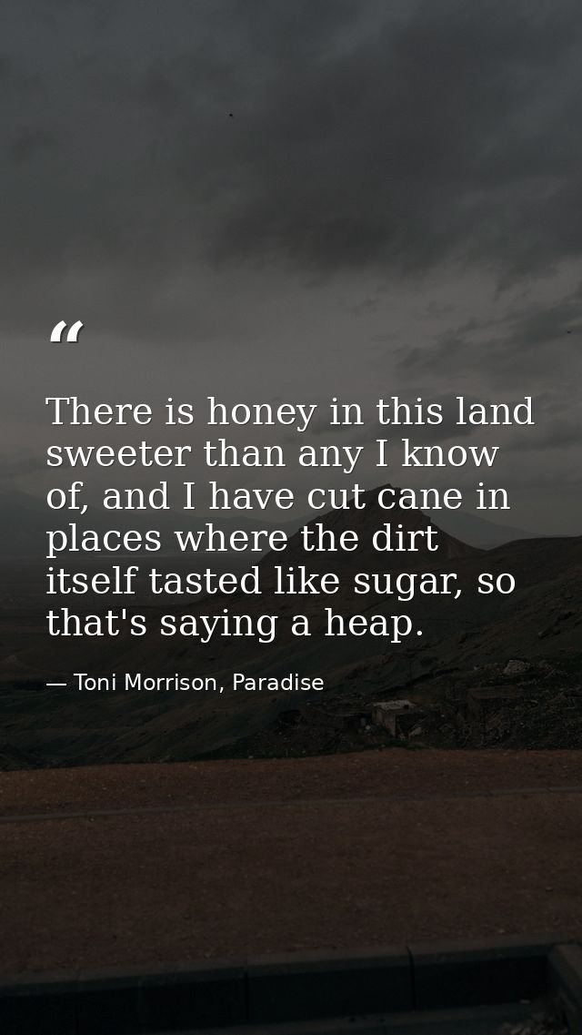 There is honey in this land sweeter than any I know of, and I have cut cane in places where the dirt itself tasted like  — Toni Morrison, Paradise