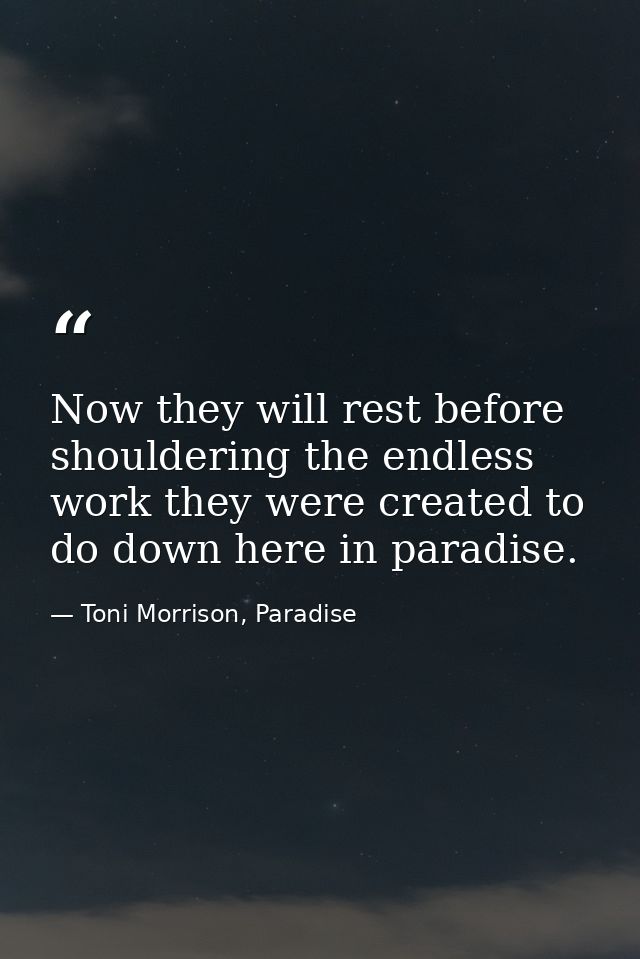 Now they will rest before shouldering the endless work they were created to do down here in paradise. — Toni Morrison, Paradise