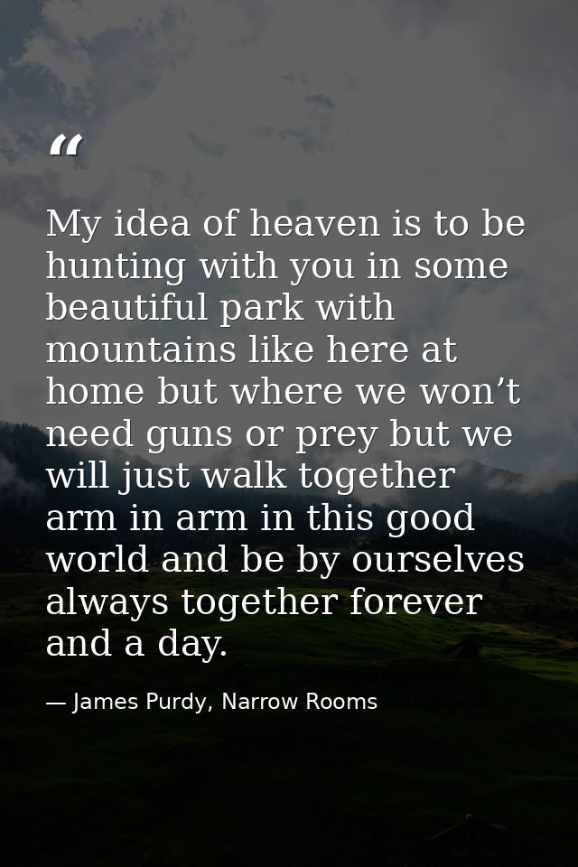My idea of heaven is to be hunting with you in some beautiful park with mountains like here at home but where we won’t n — James Purdy, Narrow Rooms