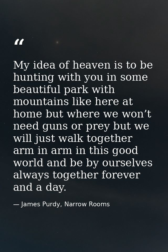 My idea of heaven is to be hunting with you in some beautiful park with mountains like here at home but where we won’t n — James Purdy, Narrow Rooms