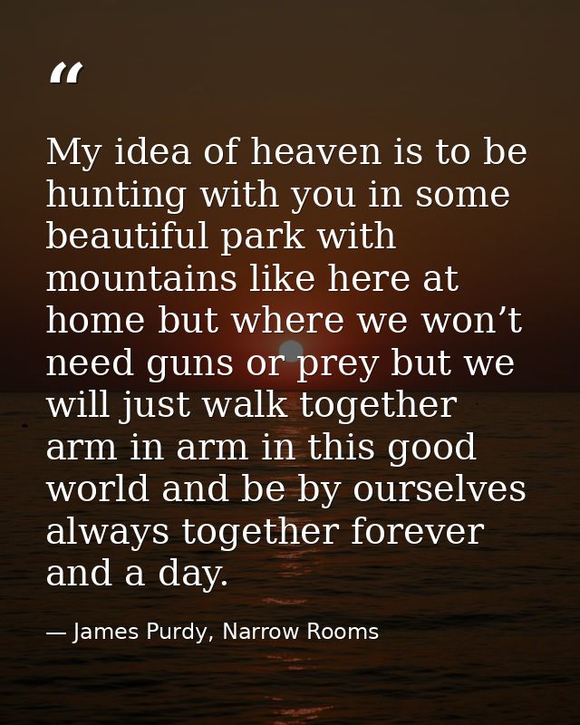 My idea of heaven is to be hunting with you in some beautiful park with mountains like here at home but where we won’t n — James Purdy, Narrow Rooms
