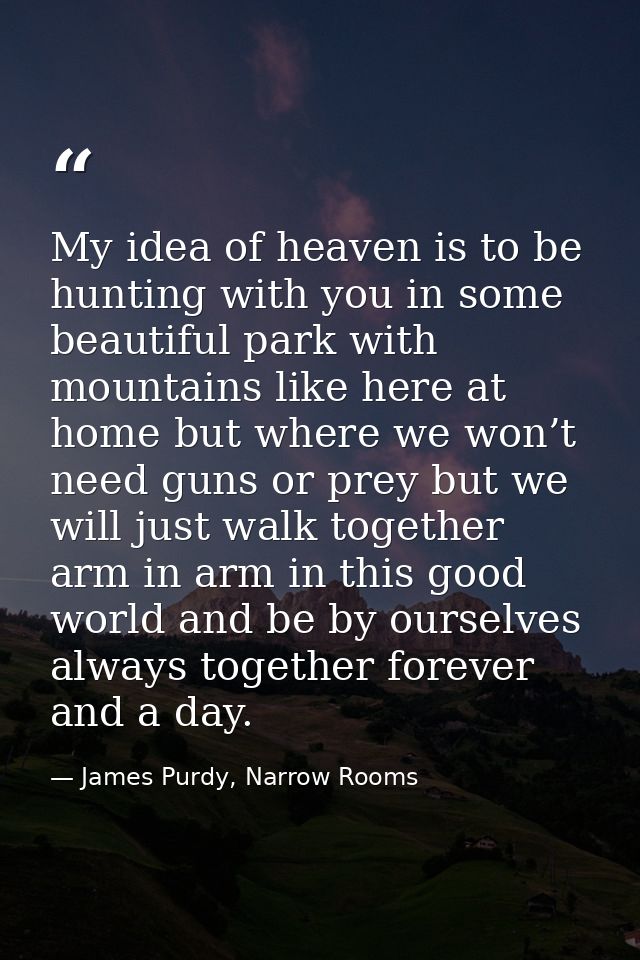 My idea of heaven is to be hunting with you in some beautiful park with mountains like here at home but where we won’t n — James Purdy, Narrow Rooms