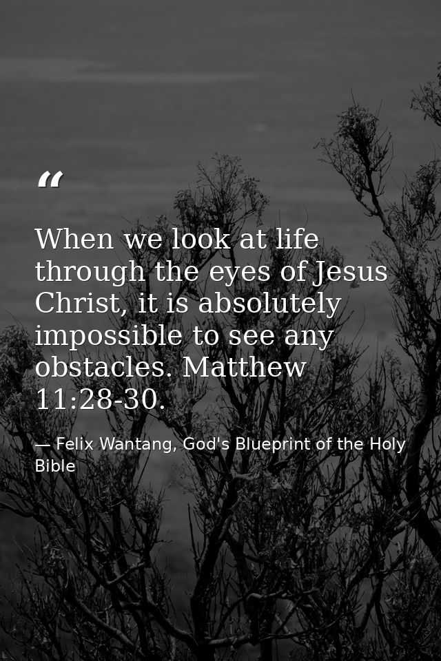 When we look at life through the eyes of Jesus Christ, it is absolutely impossible to see any obstacles. Matthew 11:28-3 — Felix Wantang, God's Blueprint of the Holy Bible
