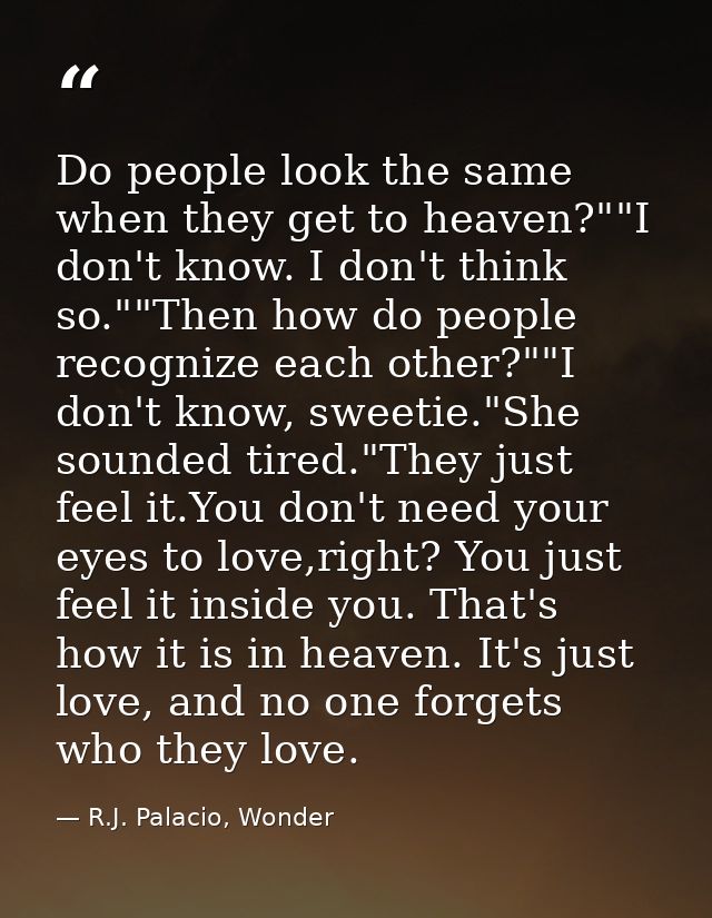 Do people look the same when they get to heaven?""I don't know. I don't think so.""Then how do people recognize each oth — R.J. Palacio, Wonder
