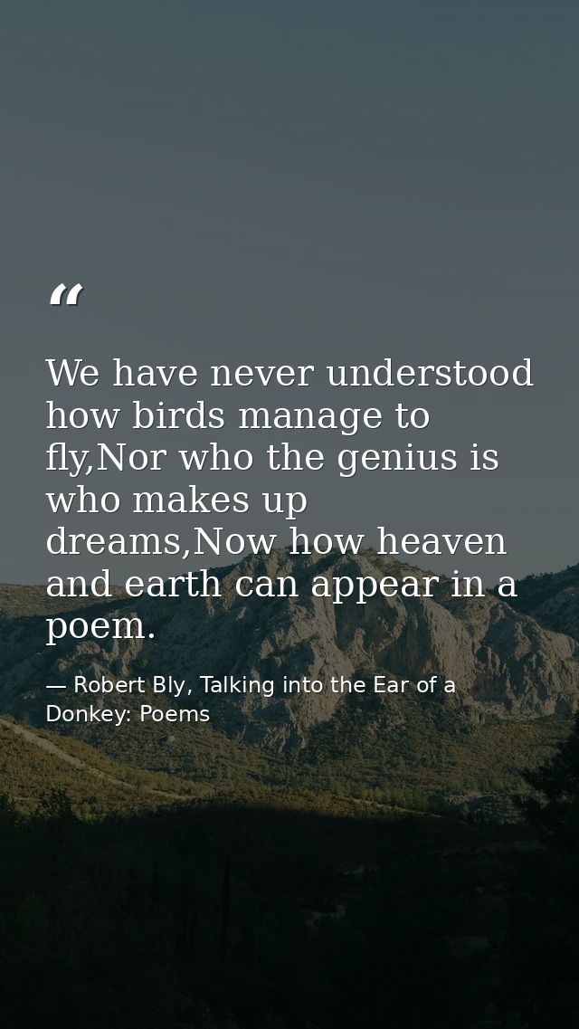 We have never understood how birds manage to fly,Nor who the genius is who makes up dreams,Now how heaven and earth can  — Robert Bly, Talking into the Ear of a Donkey: Poems