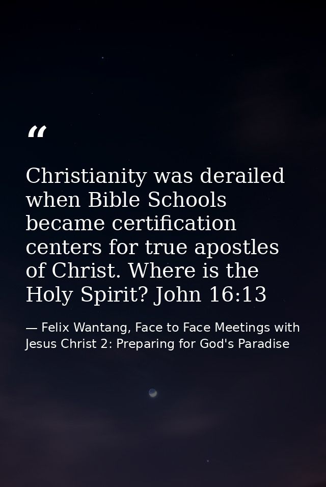 Christianity was derailed when Bible Schools became certification centers for true apostles of Christ. Where is the Holy — Felix Wantang, Face to Face Meetings with Jesus Christ 2: Preparing for God's Paradise