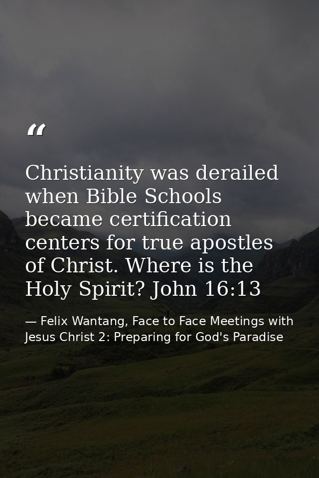 Christianity was derailed when Bible Schools became certification centers for true apostles of Christ. Where is the Holy — Felix Wantang, Face to Face Meetings with Jesus Christ 2: Preparing for God's Paradise