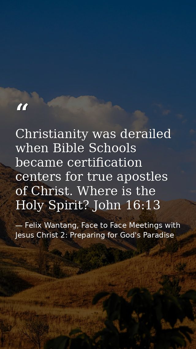 Christianity was derailed when Bible Schools became certification centers for true apostles of Christ. Where is the Holy — Felix Wantang, Face to Face Meetings with Jesus Christ 2: Preparing for God's Paradise
