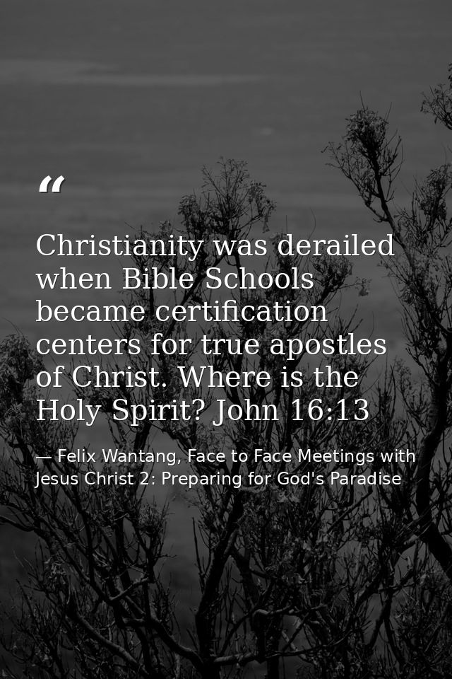 Christianity was derailed when Bible Schools became certification centers for true apostles of Christ. Where is the Holy — Felix Wantang, Face to Face Meetings with Jesus Christ 2: Preparing for God's Paradise