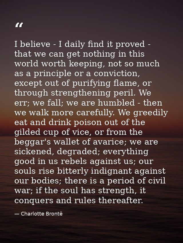 I believe - I daily find it proved - that we can get nothing in this world worth keeping, not so much as a principle or  — Charlotte Brontë