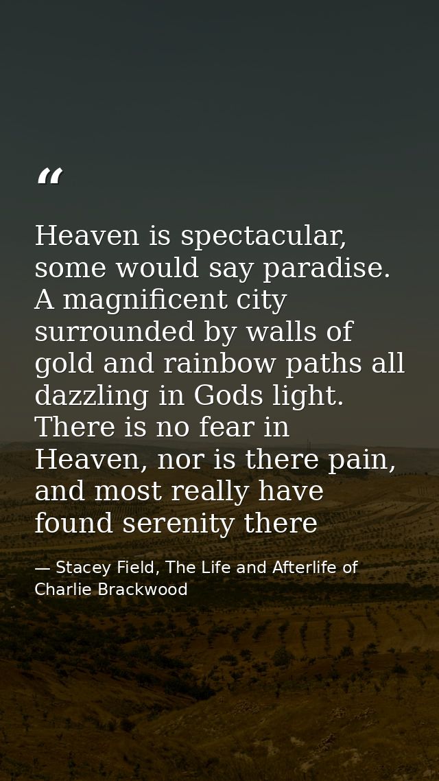 Heaven is spectacular, some would say paradise. A magnificent city surrounded by walls of gold and rainbow paths all daz — Stacey Field, The Life and Afterlife of Charlie Brackwood