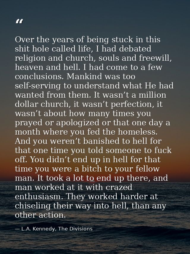 Over the years of being stuck in this shit hole called life, I had debated religion and church, souls and freewill, heav — L.A. Kennedy, The Divisions