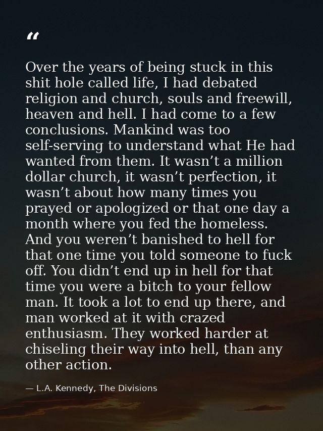 Over the years of being stuck in this shit hole called life, I had debated religion and church, souls and freewill, heav — L.A. Kennedy, The Divisions