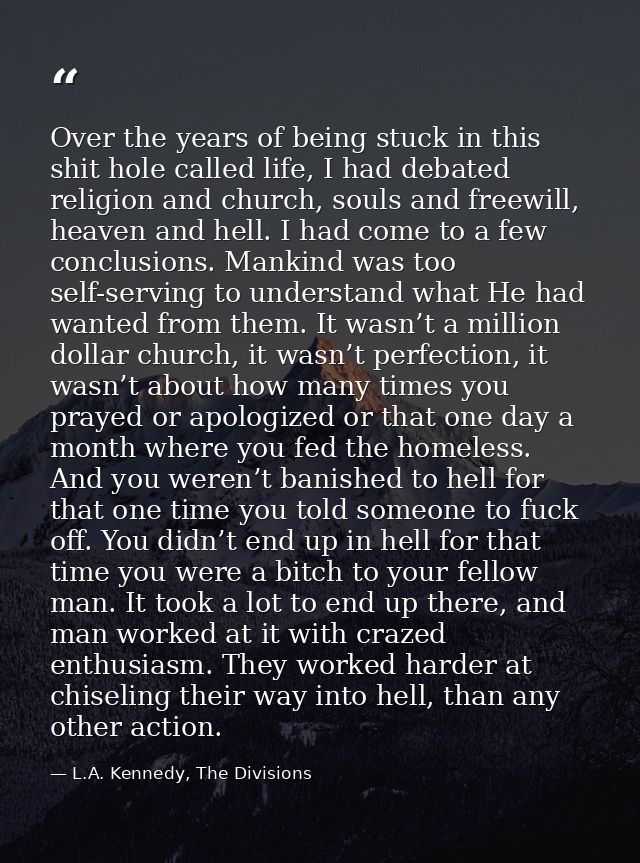 Over the years of being stuck in this shit hole called life, I had debated religion and church, souls and freewill, heav — L.A. Kennedy, The Divisions