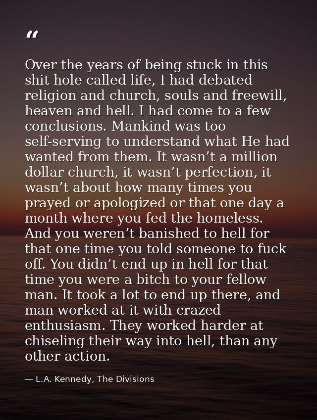 Over the years of being stuck in this shit hole called life, I had debated religion and church, souls and freewill, heav — L.A. Kennedy, The Divisions