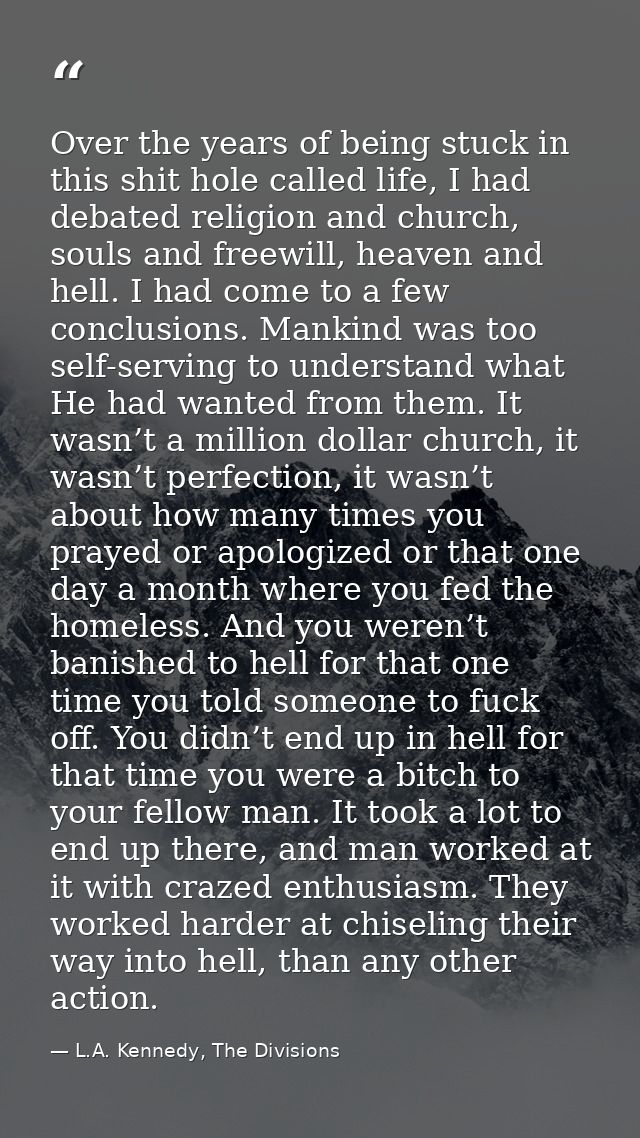 Over the years of being stuck in this shit hole called life, I had debated religion and church, souls and freewill, heav — L.A. Kennedy, The Divisions