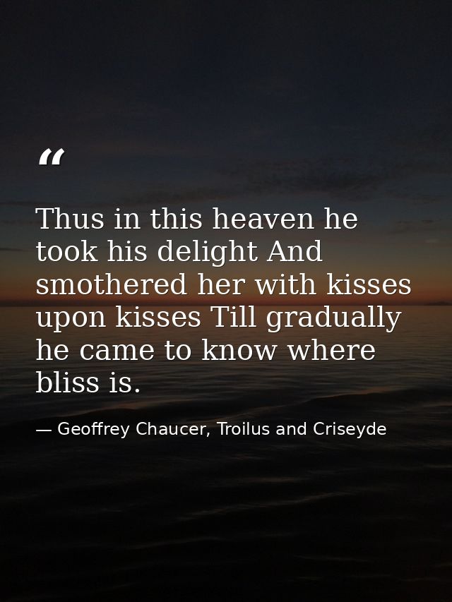 Thus in this heaven he took his delight And smothered her with kisses upon kisses Till gradually he came to know where b — Geoffrey Chaucer, Troilus and Criseyde