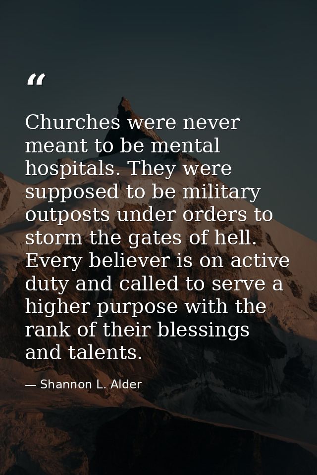 Churches were never meant to be mental hospitals. They were supposed to be military outposts under orders to storm the g — Shannon L. Alder