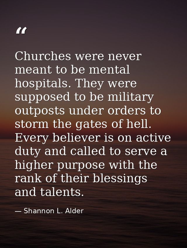 Churches were never meant to be mental hospitals. They were supposed to be military outposts under orders to storm the g — Shannon L. Alder