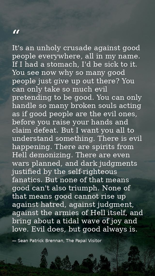 It's an unholy crusade against good people everywhere, all in my name. If I had a stomach, I'd be sick to it. You see no — Sean Patrick Brennan, The Papal Visitor