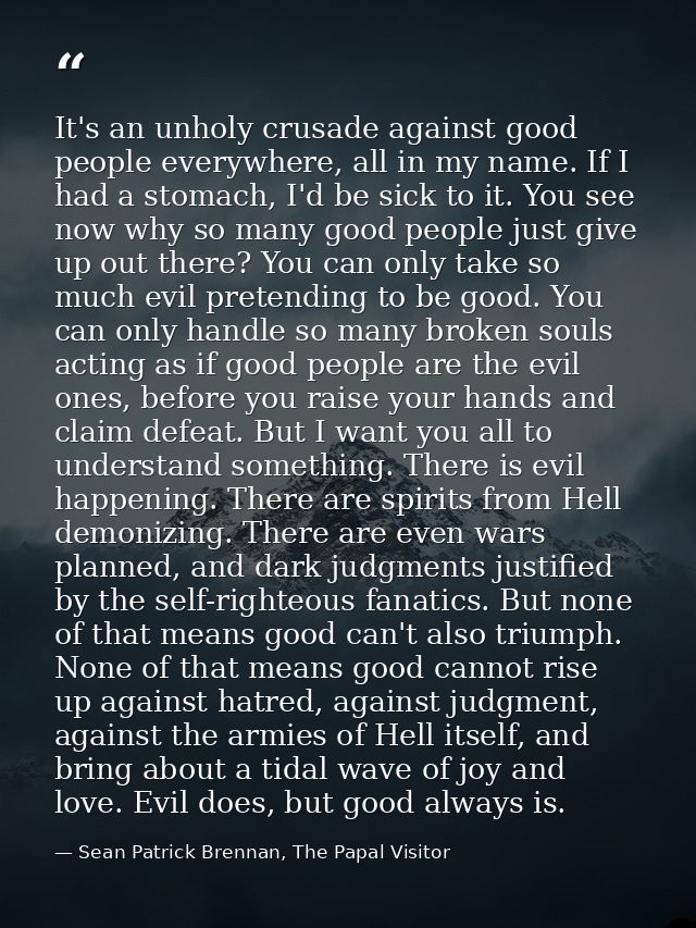 It's an unholy crusade against good people everywhere, all in my name. If I had a stomach, I'd be sick to it. You see no — Sean Patrick Brennan, The Papal Visitor