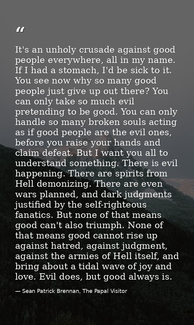 It's an unholy crusade against good people everywhere, all in my name. If I had a stomach, I'd be sick to it. You see no — Sean Patrick Brennan, The Papal Visitor