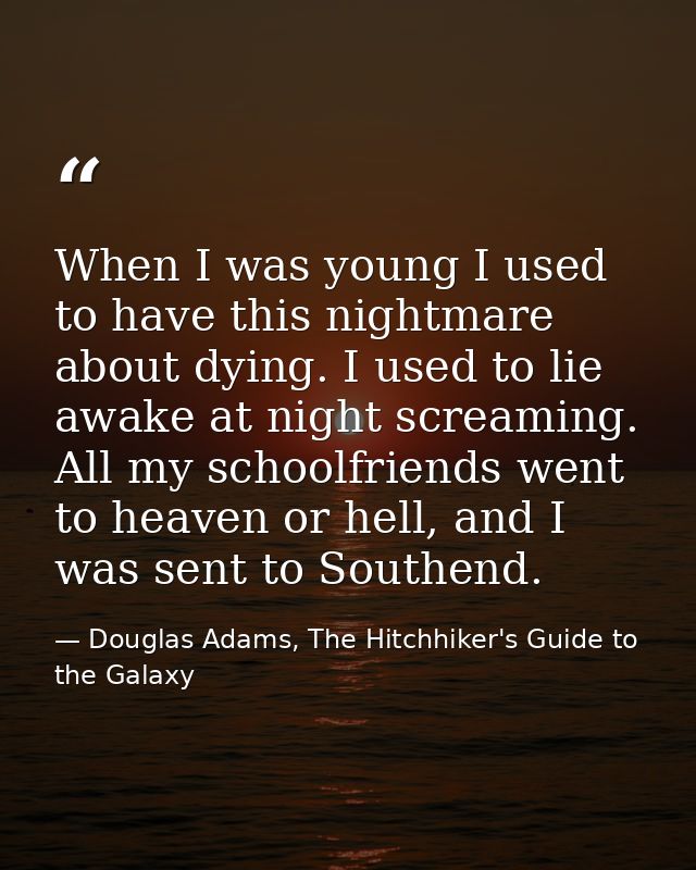 When I was young I used to have this nightmare about dying. I used to lie awake at night screaming. All my schoolfriends — Douglas Adams, The Hitchhiker's Guide to the Galaxy