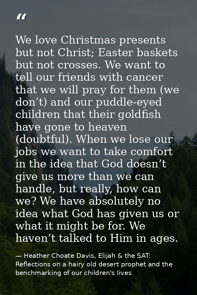 We love Christmas presents but not Christ; Easter baskets but not crosses. We want to tell our friends with cancer that  — Heather Choate Davis, Elijah & the SAT: Reflections on a hairy old desert prophet and the benchmarking of our children's lives