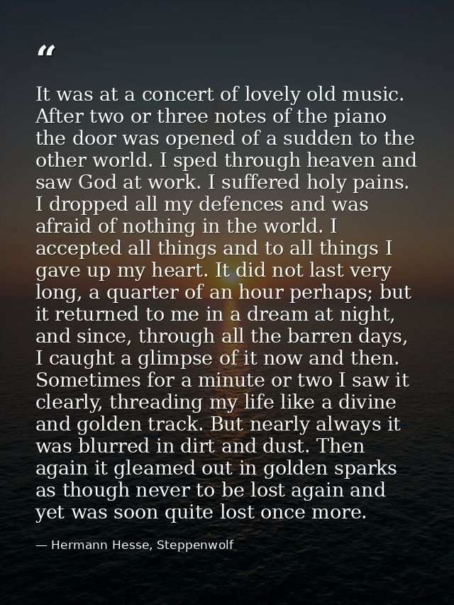 It was at a concert of lovely old music. After two or three notes of the piano the door was opened of a sudden to the ot — Hermann Hesse, Steppenwolf