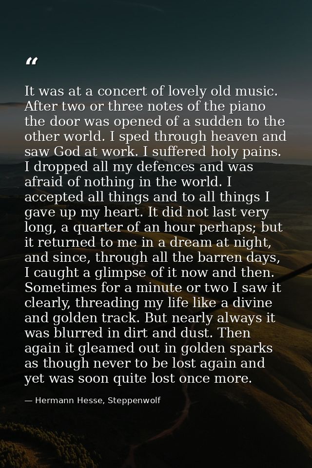 It was at a concert of lovely old music. After two or three notes of the piano the door was opened of a sudden to the ot — Hermann Hesse, Steppenwolf