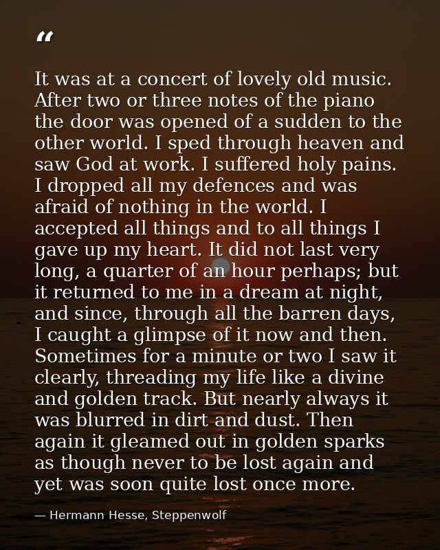 It was at a concert of lovely old music. After two or three notes of the piano the door was opened of a sudden to the ot — Hermann Hesse, Steppenwolf