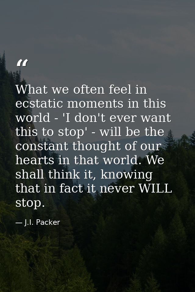 What we often feel in ecstatic moments in this world - 'I don't ever want this to stop' - will be the constant thought o — J.I. Packer