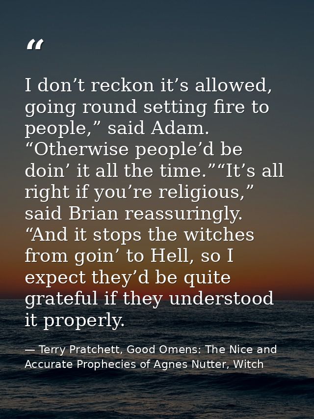 I don’t reckon it’s allowed, going round setting fire to people,” said Adam. “Otherwise people’d be doin’ it all the tim — Terry Pratchett, Good Omens: The Nice and Accurate Prophecies of Agnes Nutter, Witch