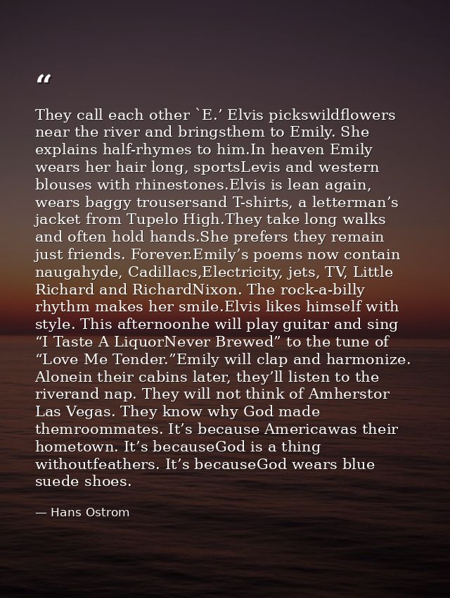 They call each other `E.’ Elvis pickswildflowers near the river and bringsthem to Emily. She explains half-rhymes to him — Hans Ostrom