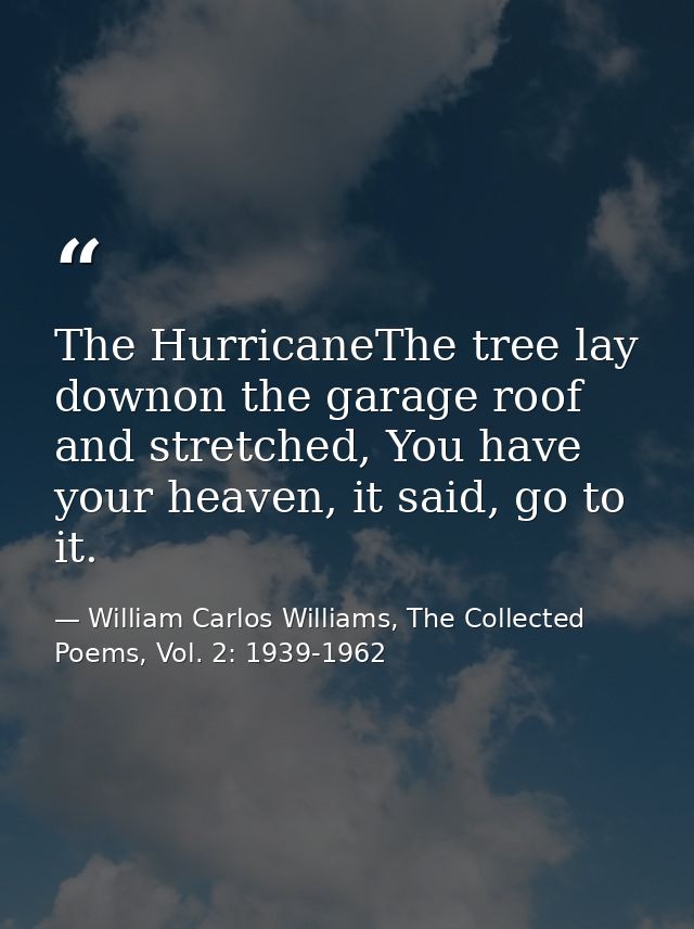The HurricaneThe tree lay downon the garage roof and stretched, You have your heaven, it said, go to it. — William Carlos Williams, The Collected Poems, Vol. 2: 1939-1962