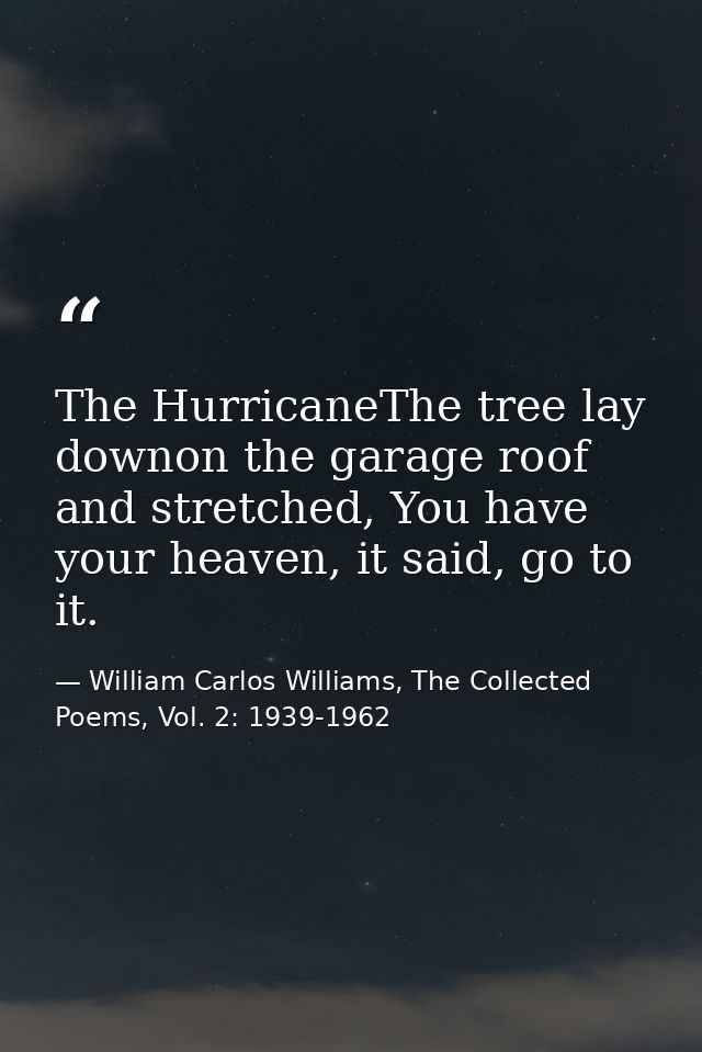 The HurricaneThe tree lay downon the garage roof and stretched, You have your heaven, it said, go to it. — William Carlos Williams, The Collected Poems, Vol. 2: 1939-1962