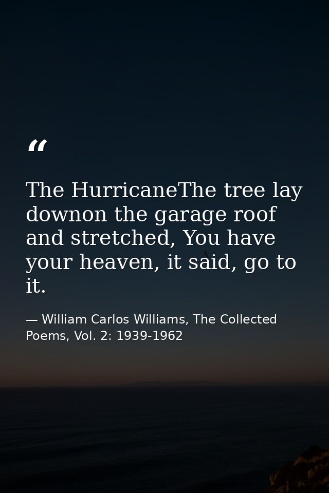 The HurricaneThe tree lay downon the garage roof and stretched, You have your heaven, it said, go to it. — William Carlos Williams, The Collected Poems, Vol. 2: 1939-1962
