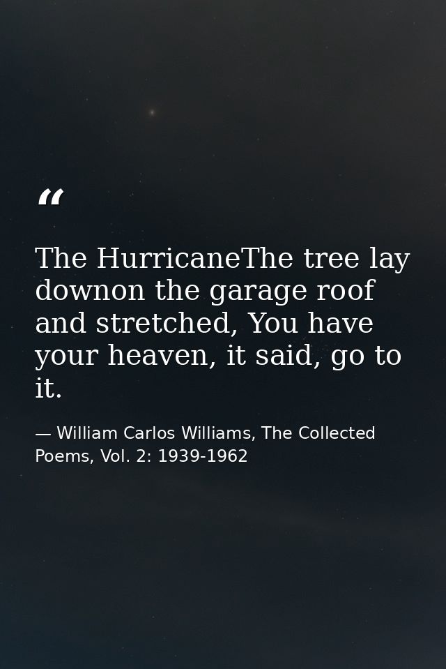 The HurricaneThe tree lay downon the garage roof and stretched, You have your heaven, it said, go to it. — William Carlos Williams, The Collected Poems, Vol. 2: 1939-1962