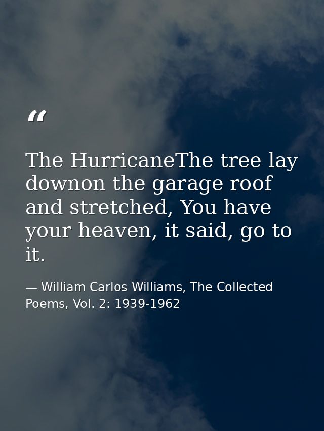 The HurricaneThe tree lay downon the garage roof and stretched, You have your heaven, it said, go to it. — William Carlos Williams, The Collected Poems, Vol. 2: 1939-1962