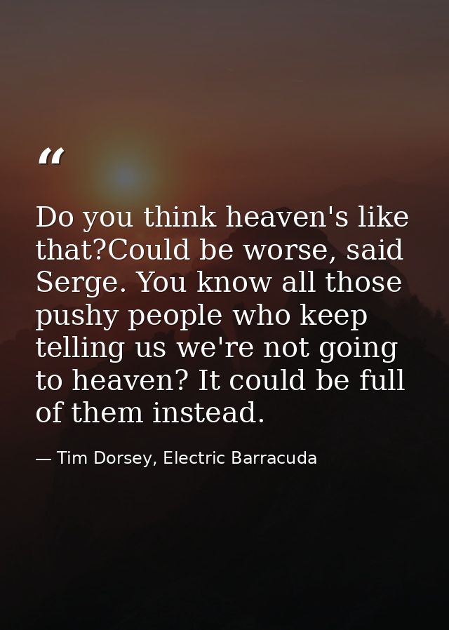 Do you think heaven's like that?Could be worse, said Serge. You know all those pushy people who keep telling us we're no — Tim Dorsey, Electric Barracuda