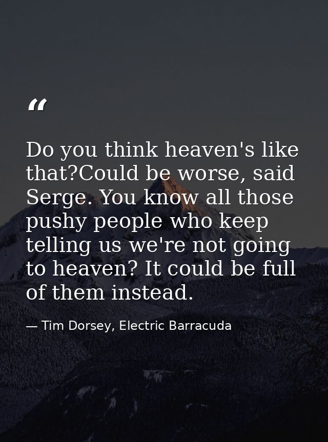 Do you think heaven's like that?Could be worse, said Serge. You know all those pushy people who keep telling us we're no — Tim Dorsey, Electric Barracuda