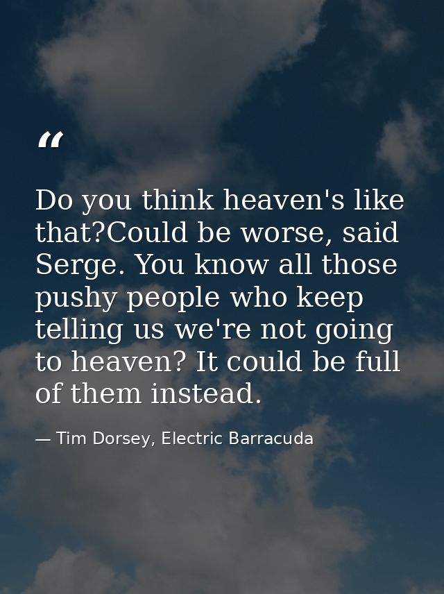 Do you think heaven's like that?Could be worse, said Serge. You know all those pushy people who keep telling us we're no — Tim Dorsey, Electric Barracuda