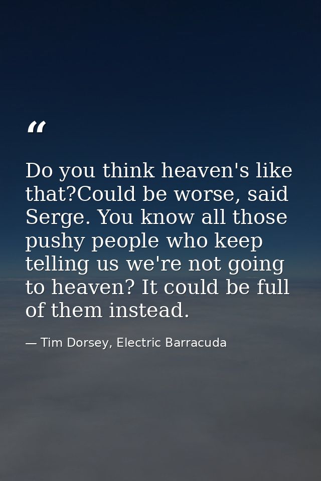 Do you think heaven's like that?Could be worse, said Serge. You know all those pushy people who keep telling us we're no — Tim Dorsey, Electric Barracuda