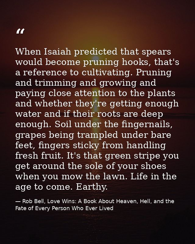 When Isaiah predicted that spears would become pruning hooks, that's a reference to cultivating. Pruning and trimming an — Rob Bell, Love Wins: A Book About Heaven, Hell, and the Fate of Every Person Who Ever Lived