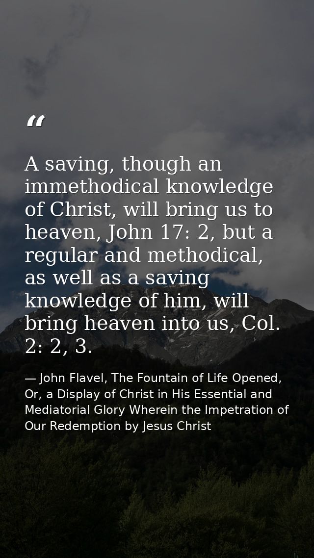 A saving, though an immethodical knowledge of Christ, will bring us to heaven, John 17: 2, but a regular and methodical, — John Flavel, The Fountain of Life Opened, Or, a Display of Christ in His Essential and Mediatorial Glory Wherein the Impetration of Our Redemption by Jesus Christ