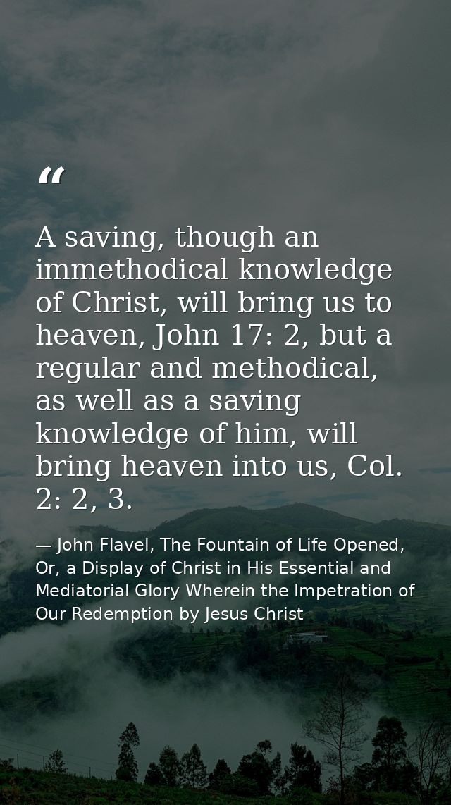A saving, though an immethodical knowledge of Christ, will bring us to heaven, John 17: 2, but a regular and methodical, — John Flavel, The Fountain of Life Opened, Or, a Display of Christ in His Essential and Mediatorial Glory Wherein the Impetration of Our Redemption by Jesus Christ
